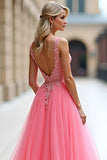 Pink Ball Gown A Line V Neck Appliqued Long Prom Dress