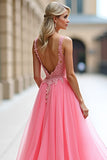 Pink Ball Gown A Line V Neck Appliqued Long Prom Dress