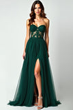 Dark Green A Line Strapless Corset Appliqued Long Prom Dress with Slit