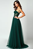 Dark Green A Line Strapless Corset Appliqued Long Prom Dress with Slit