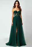 Dark Green A Line Strapless Corset Appliqued Long Prom Dress with Slit