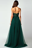 Dark Green A Line Strapless Corset Appliqued Long Prom Dress with Slit