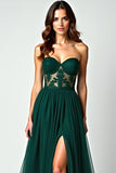 Dark Green A Line Strapless Corset Appliqued Long Prom Dress with Slit