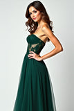 Dark Green A Line Strapless Corset Appliqued Long Prom Dress with Slit