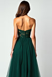 Dark Green A Line Strapless Corset Appliqued Long Prom Dress with Slit