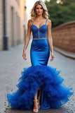 Royal Blue Mermaid Corset Beaded Satin Prom Dress with Ruffles