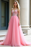 Pink Spaghetti Straps A Line Long Prom Dress with Beading