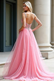 Pink Spaghetti Straps A Line Long Prom Dress with Beading