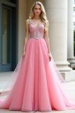 Pink Spaghetti Straps A Line Long Prom Dress with Beading