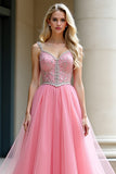 Pink Spaghetti Straps A Line Long Prom Dress with Beading