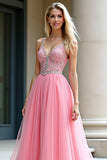 Pink Spaghetti Straps A Line Long Prom Dress with Beading