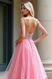 Pink Spaghetti Straps A Line Long Prom Dress with Beading