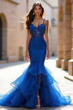 Royal Blue Mermaid Ruffled Corset Sequined Long Prom Dress with Slit