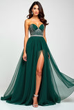 A Line Dark Green Tulle Corset Long Prom Dress with Slit