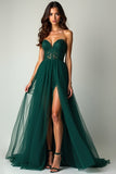 A Line Dark Green Strapless Corset Long Prom Dress with Slit