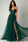 A Line Dark Green Strapless Corset Long Prom Dress with Slit