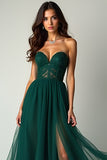 A Line Dark Green Strapless Corset Long Prom Dress with Slit