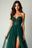 A Line Dark Green Strapless Corset Long Prom Dress with Slit