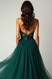 A Line Dark Green Strapless Corset Long Prom Dress with Slit