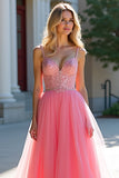 Blush Pink A Line Corset Long Prom Dress with Sequins