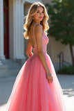 Blush Pink A Line Corset Long Prom Dress with Sequins