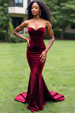 Burgundy Mermaid Strapless Sweetheart Velvet Prom Dress