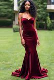 Burgundy Mermaid Strapless Sweetheart Velvet Prom Dress