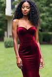 Burgundy Mermaid Strapless Sweetheart Velvet Prom Dress