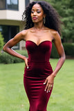 Burgundy Mermaid Strapless Sweetheart Velvet Prom Dress