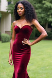 Burgundy Mermaid Strapless Sweetheart Velvet Prom Dress