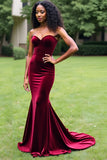 Burgundy Mermaid Strapless Sweetheart Velvet Prom Dress