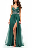 Dark Green A Line Tulle Sweetheart Pleated Long Prom Dress with Slit