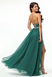 Dark Green A Line Tulle Sweetheart Pleated Long Prom Dress with Slit