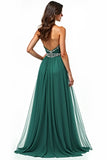 Dark Green A Line Tulle Sweetheart Pleated Long Prom Dress with Slit