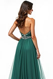 Dark Green A Line Tulle Sweetheart Pleated Long Prom Dress with Slit