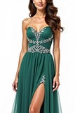 Dark Green A Line Tulle Sweetheart Pleated Long Prom Dress with Slit