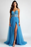 Light Blue A Line Spaghetti Straps Tulle Long Prom Dress with Slit