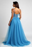 Light Blue A Line Spaghetti Straps Tulle Long Prom Dress with Slit