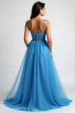 Light Blue A Line Spaghetti Straps Tulle Long Prom Dress with Slit