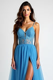 Light Blue A Line Spaghetti Straps Tulle Long Prom Dress with Slit