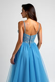 Light Blue A Line Spaghetti Straps Tulle Long Prom Dress with Slit