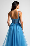 Light Blue A Line Spaghetti Straps Tulle Long Prom Dress with Slit