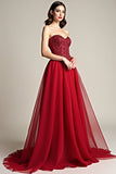 Glitter Burgundy A Line Tulle Sweetheart Long Prom Dress