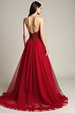 Glitter Burgundy A Line Tulle Sweetheart Long Prom Dress