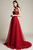 Glitter Burgundy A Line Tulle Sweetheart Long Prom Dress