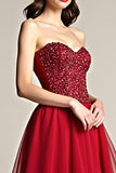 Glitter Burgundy A Line Tulle Sweetheart Long Prom Dress