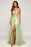 Metallic Sage Strapless A Line Pleated Long Prom Dress with Slit