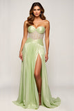 Metallic Sage Strapless A Line Pleated Long Prom Dress with Slit