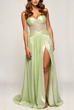 Metallic Sage Strapless A Line Pleated Long Prom Dress with Slit