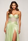 Metallic Sage Strapless A Line Pleated Long Prom Dress with Slit